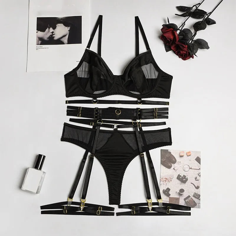 Ensemble de soutien-gorge noir 3 pièces pour femmes, sous-vêtements d'épissure en maille avec anneau de jambe, ensemble de sous-vêtements Sexy