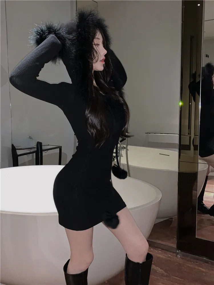 Sexy Bodycon Y2k Mini Dress Party 2022 Winter Pure Color One Piece Dress Korean Fashion Slim French Elegant Casual Dress Design