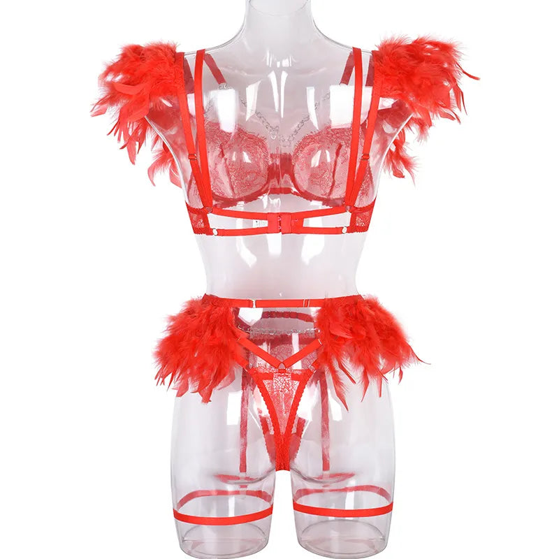 Transparent Women's Underwear Luxury Feather Decoration Metal Chain Lingerie Thong Suit Sexy Punk  Apparel