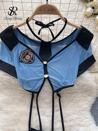 Women Preppy Style Sexy Uniform Sets 2023 V Neck Sheer Top+Lace Up Mini Skirt+Thongs Hollow Out Cosplay  Suits Wanita