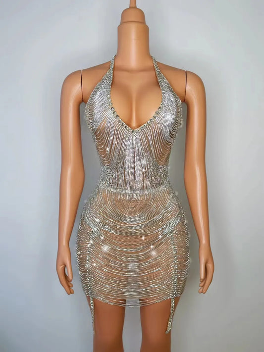 Cadenas de diamantes de imitación brillantes, cuello en V, espalda descubierta, vestido corto Sexy para fiesta de cumpleaños, disfraz de celebración, traje para discoteca, espectáculo, ropa de escenario