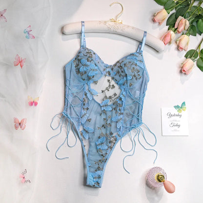 Wanita – combishort transparent brodé de fleurs pour femmes, vêtements de nuit à bretelles papillon, maille fine, dos nu, body Sexy, à lacets