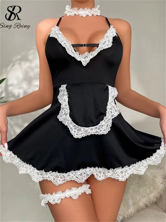 2023 Women  o Nightwear Suits Soft Rufflest  Mini Dress+Thongs Maidservant Cosplay Lace Sexy Nightdress Wanita