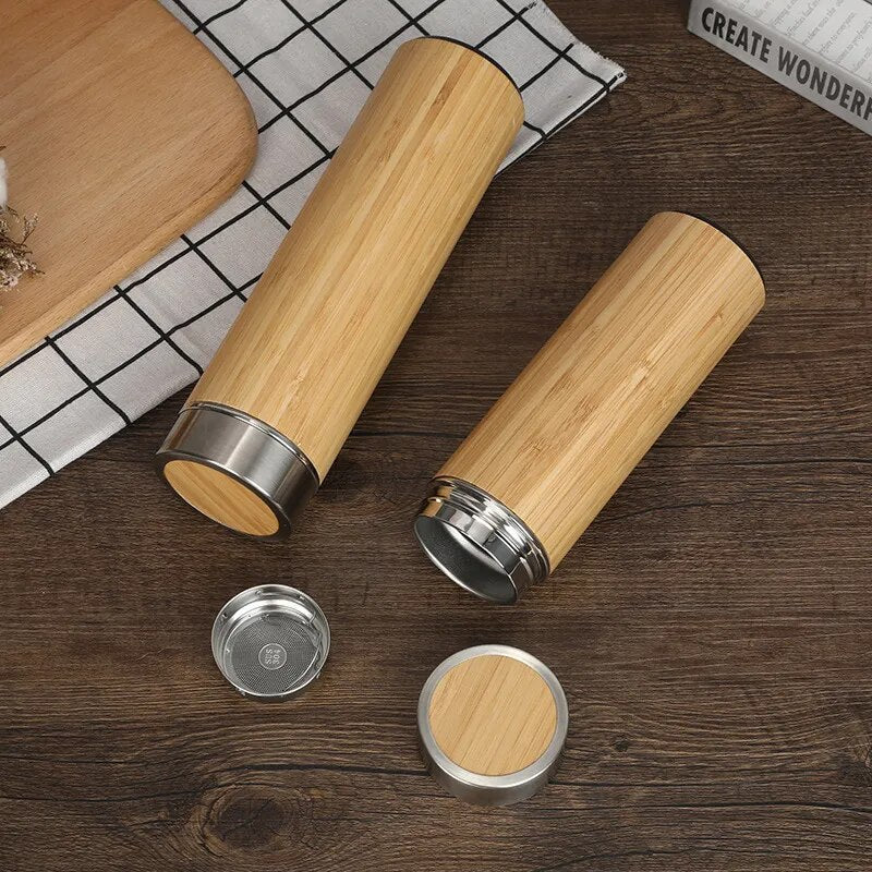 Eco-friendly Thermos Water Bottles, Stainless Steel Coffee Thermal Mugs, Creative Natural Bamboo