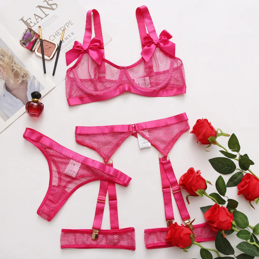 Lingerie Sexy néon avec chaussettes, sous-vêtements transparents en dentelle avec nœud papillon, maille transparente, ensembles transparents, 5 pièces