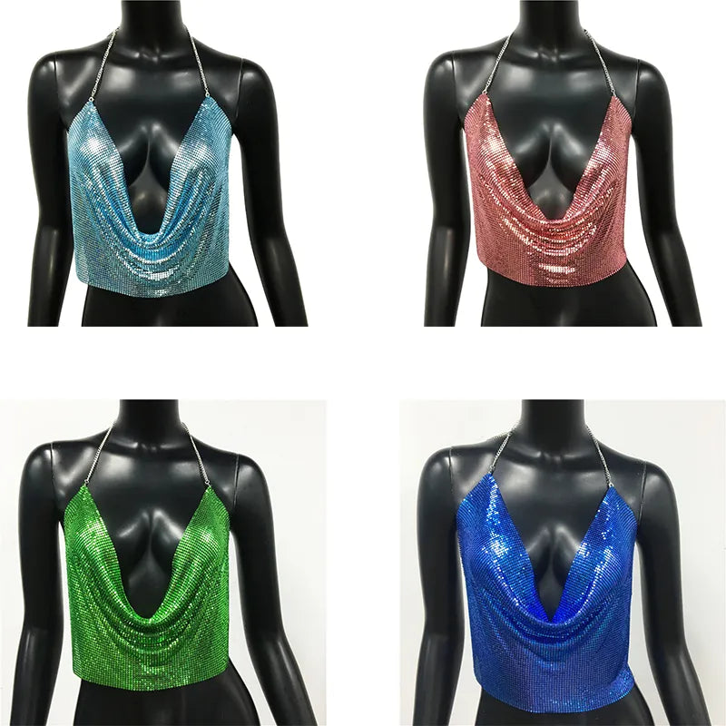 Y2K Tops Backless Party Crop Top Women Backless Corset Top 2023 Summer Sleeveless V-Neck Diamond Metal Sexy Night Club Tank Tops