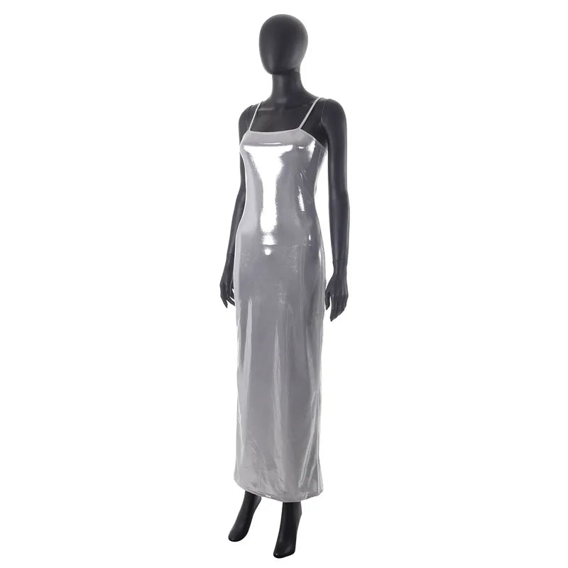 Maxivestidos transparentes plateados brillantes para mujer, ropa de fiesta de medianoche para discoteca, vestido Sexy ajustado con tirantes finos y espalda descubierta 2023