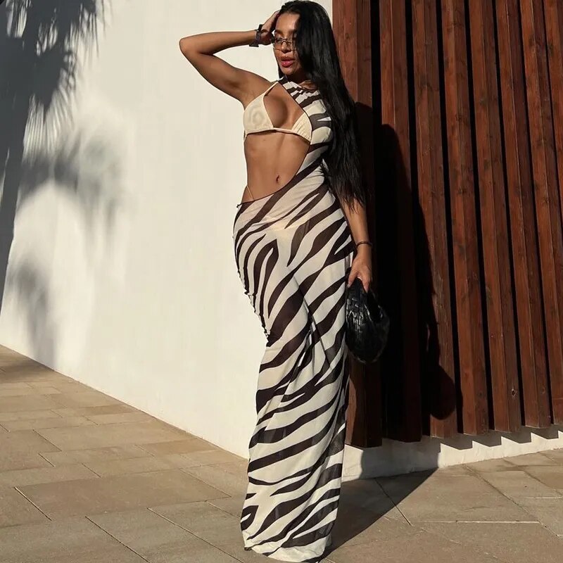 Robe de plage longue imprimée zèbre, Cover-up Sexy en maille transparente, Maxi, rayée, découpée, moulante, pour vacances, été, 2023