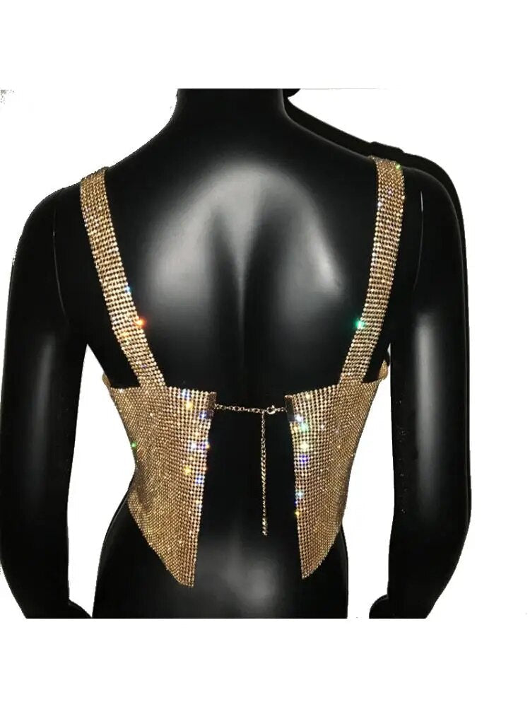 Top corto Sexy para fiesta con diamantes de imitación ostentosos, Top liso con tirantes y espalda descubierta, Top corto con lentejuelas y diamantes para mujer 2022