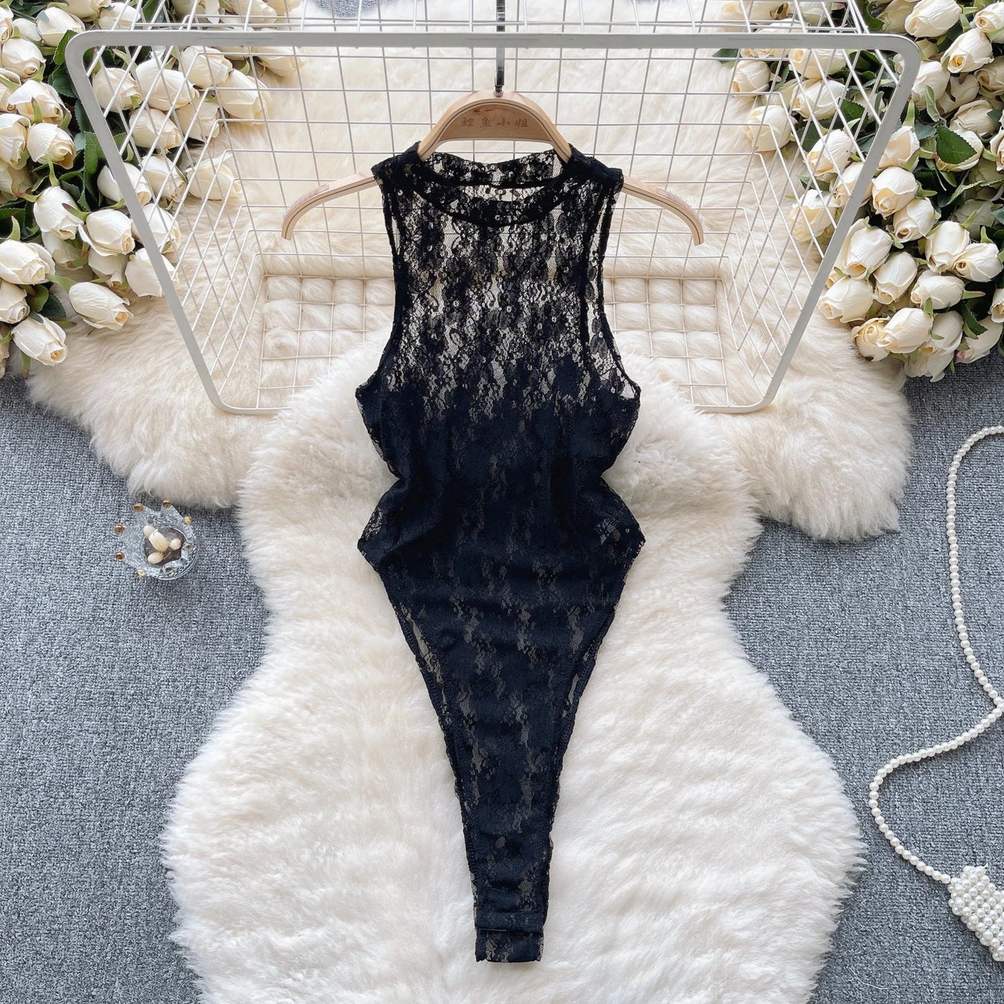 Wanita Transparent Lace Bodysuits O Neck Sleeveless Open Cortch Sensual Slim Nightwear 2023 Women Sheer  Sexy Playsuits