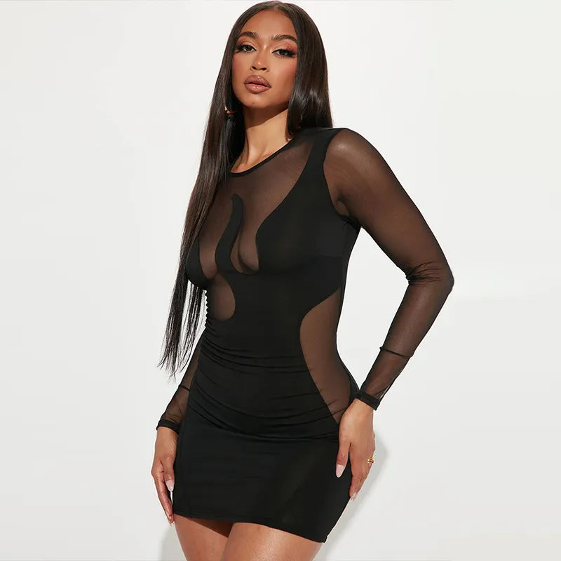 Long Sleeve Mesh Patchwork Bodycon Mini Dress Women Party Club Tight Short Dresses 2023 Autumn Female Clothing Streetwear Black