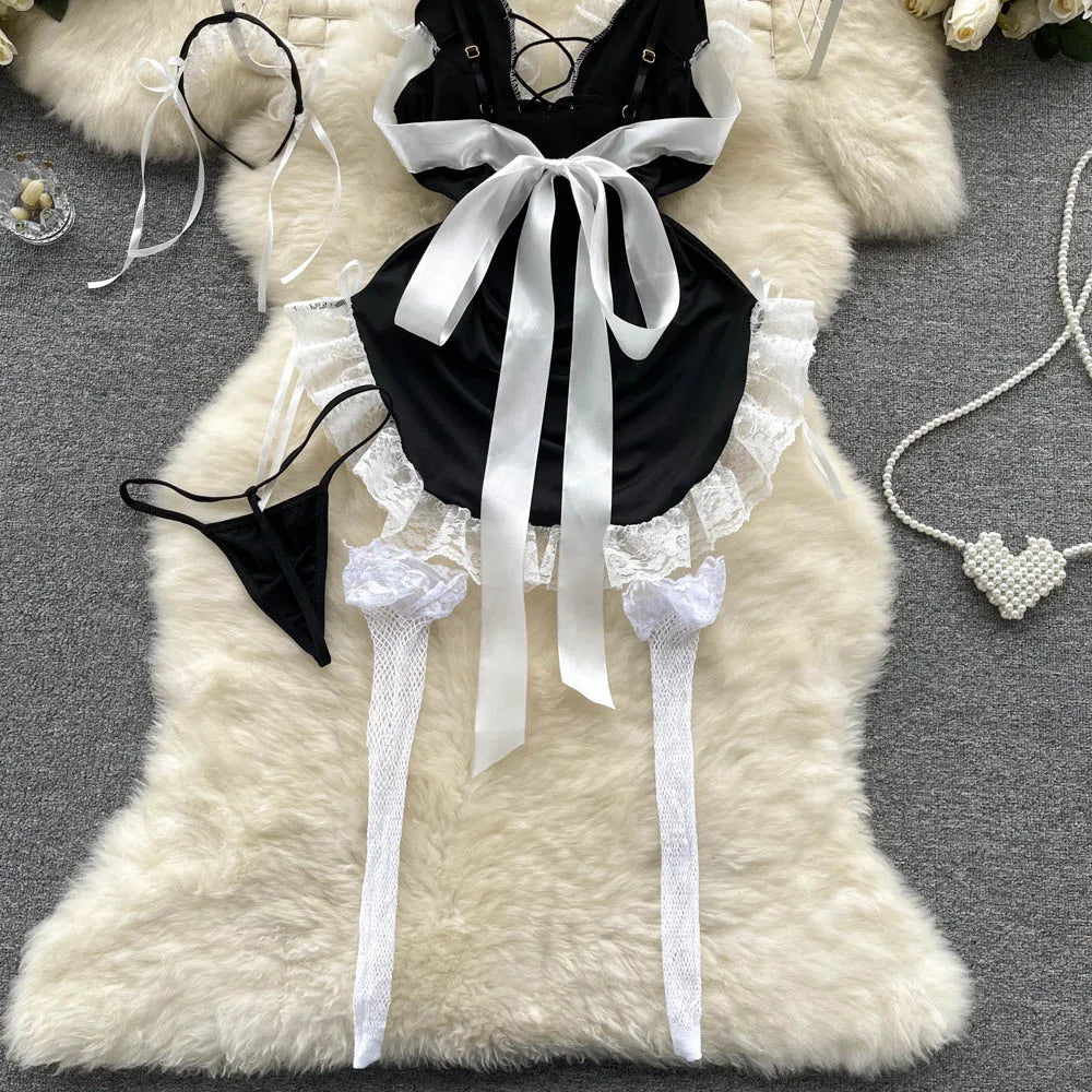 Maidservant Cosplay Lace Nightwear Suits Women Rufflest  Mini Dress+Thongs 2023 Japan Style  Sexy Nightdress Wanita