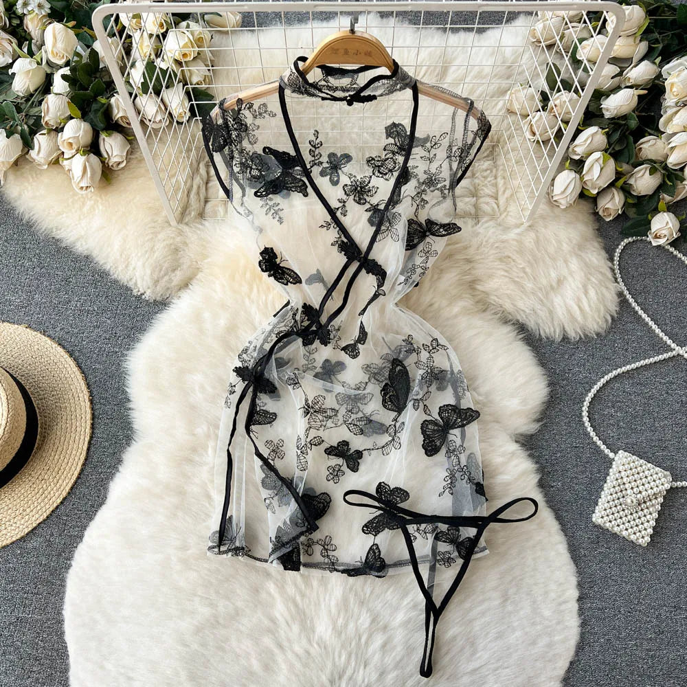 2023 Embroidery Sheer Bodycon Nightdress Women Floral Slim Split Sexy Dress+Thongs Chinese Vintgae  Nightwear Wanita