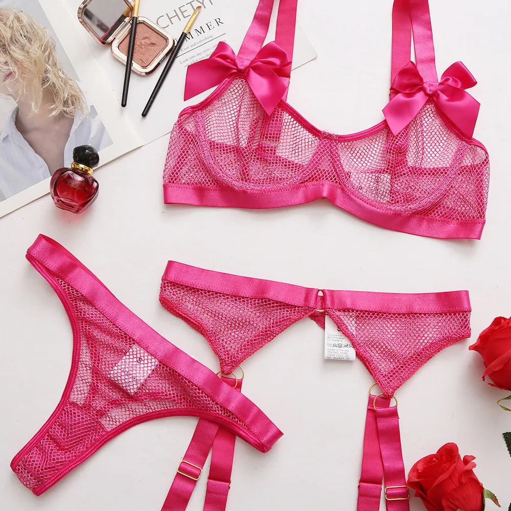 Lingerie Sexy néon avec chaussettes, sous-vêtements transparents en dentelle avec nœud papillon, maille transparente, ensembles transparents, 5 pièces