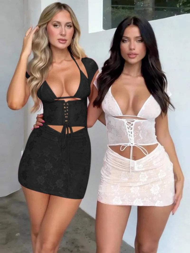 2023 Summer Sexy 3 Pieces Dress Set Fashion Women's Hollow Out Halter Short Sleeve  Slim Lace Corset Dresses Black White