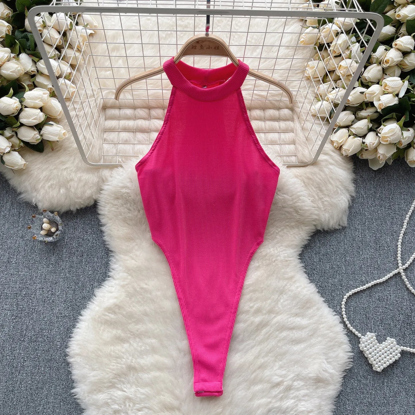 Wanita Halter Open Crotch Sexy Bodysuits Female Sleeveless Slim Backless  Bikini French Solid Thin Slim Beach Playsuits