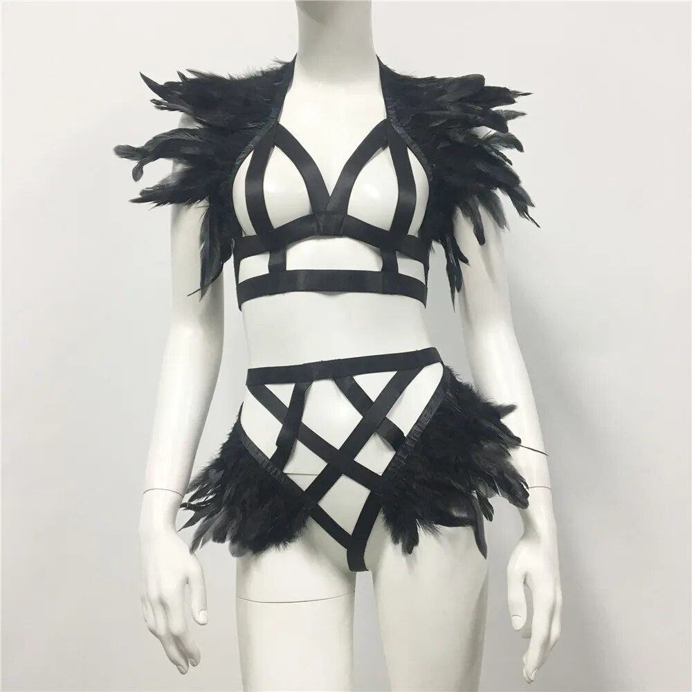 Conjunto de arnés de plumas gótico Punk para mujer, camisetas sin mangas caladas para club nocturno, lencería Sexy, fiesta Rave, fiesta de carnaval, trajes de 2 piezas 