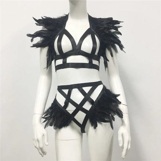 Ensemble Punk gothique avec harnais en plumes, débardeur ajouré pour boîte de nuit, Lingerie Sexy, Festival Rave, fête de carnaval, tenues 2 pièces pour femmes 