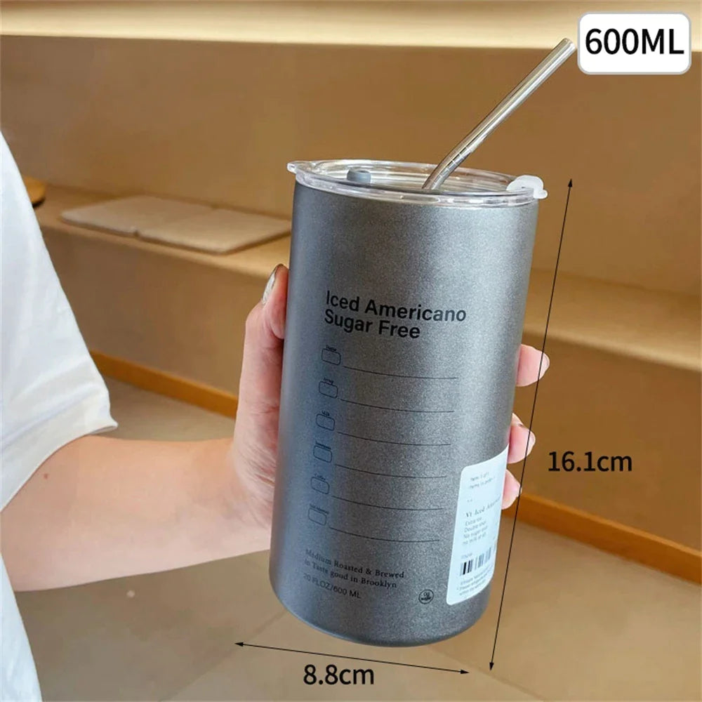 Coffee Cup Thermos 304 Stainless Steel Double -layer Cooler Straw Cup Portable Reusable Ins Ice American Coffee Mug Water Bottle