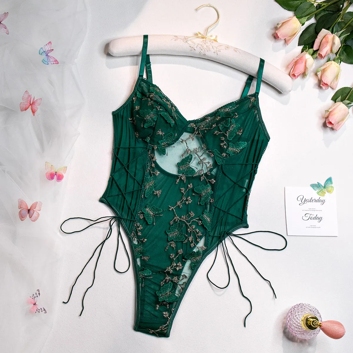 Wanita – combishort transparent brodé de fleurs pour femmes, vêtements de nuit à bretelles papillon, maille fine, dos nu, body Sexy, à lacets