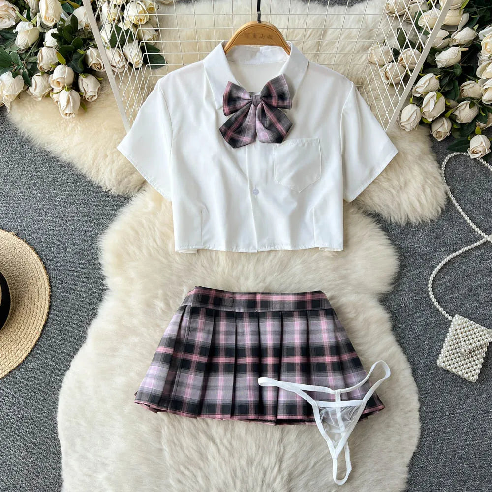 Traje de Cosplay para mujer, Camisa corta con cuello de solapa, minifalda a cuadros y tangas, ropa de dormir Sexy de estilo preppy 2023 Wanita