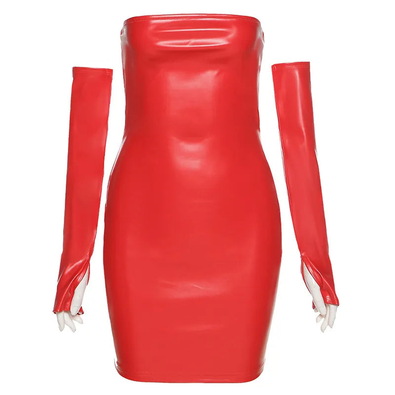 Leosd-minivestido Sexy sin tirantes de PU para discoteca, vestidos ajustados de piel sintética con mangas para fiesta y discoteca, vestido veraniego de tubo para invierno y otoño