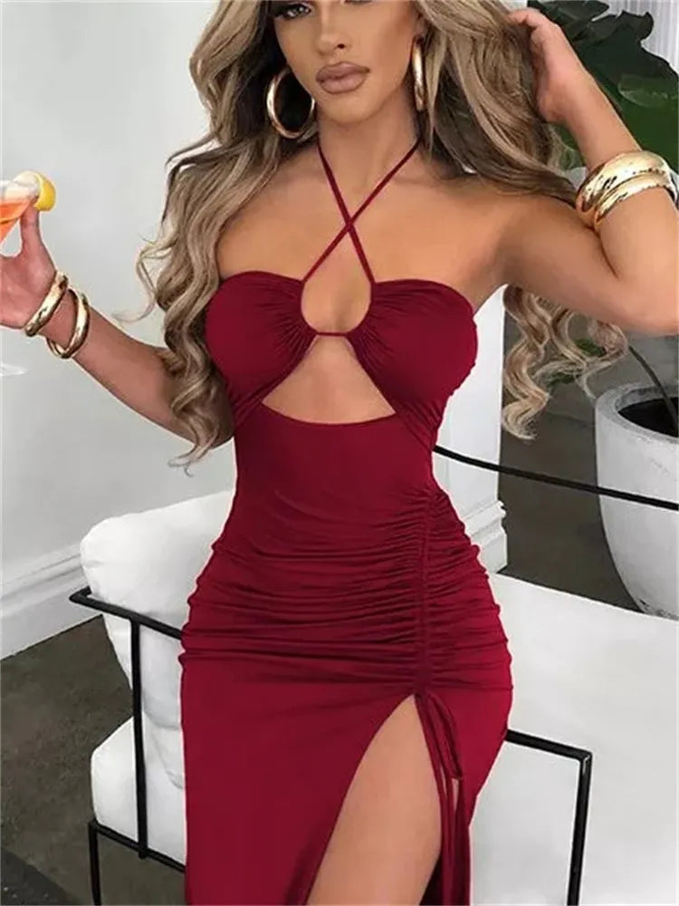 Fantoye-vestido ahuecado con cordón para mujer, vestido sin mangas con espalda descubierta y abertura alta, vestido fruncido elegante, ropa de fiesta