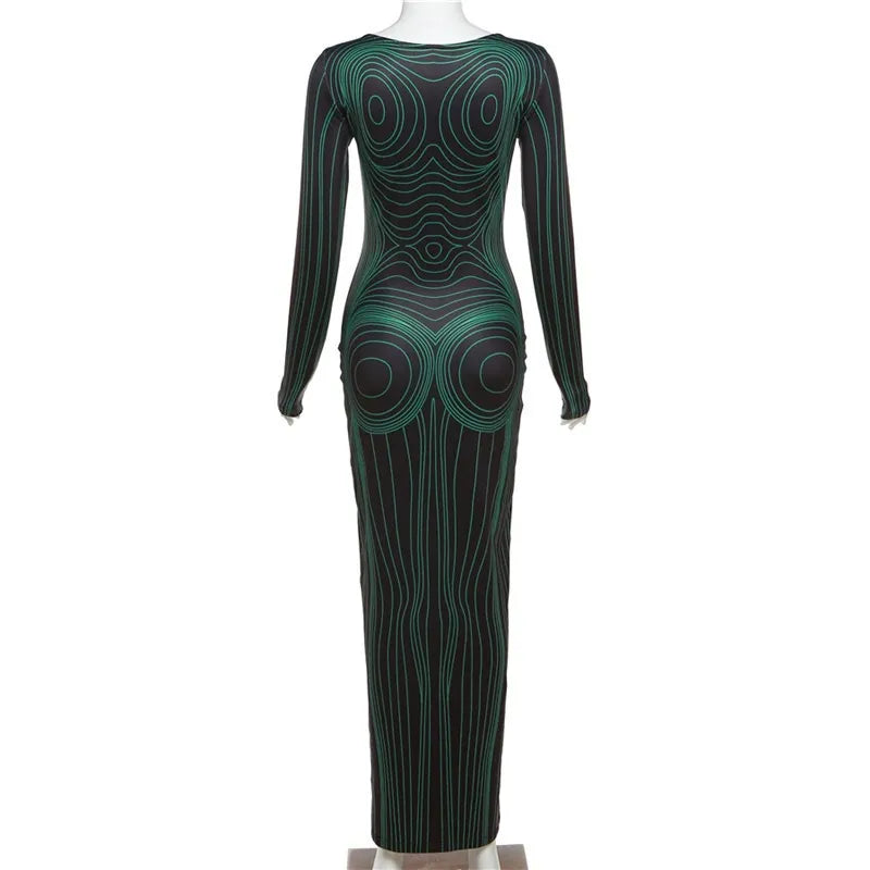 045 Women Hipster O Neck Long Sleeve 3D Printing Maxi Dress Straight Robe Bodycon Party Dresses