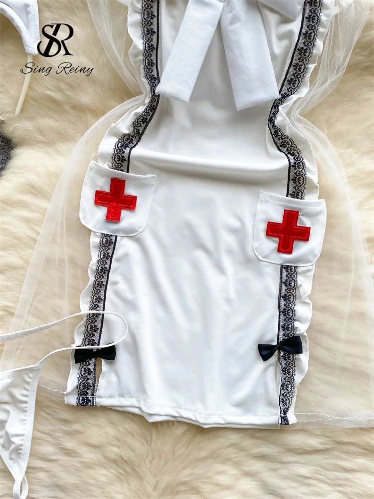 Japon infirmière Cosplay Sexy chemise de nuit femmes dentelle maille Patchwork robe moulante + tongs dos nu pure vêtements de nuit Wanita