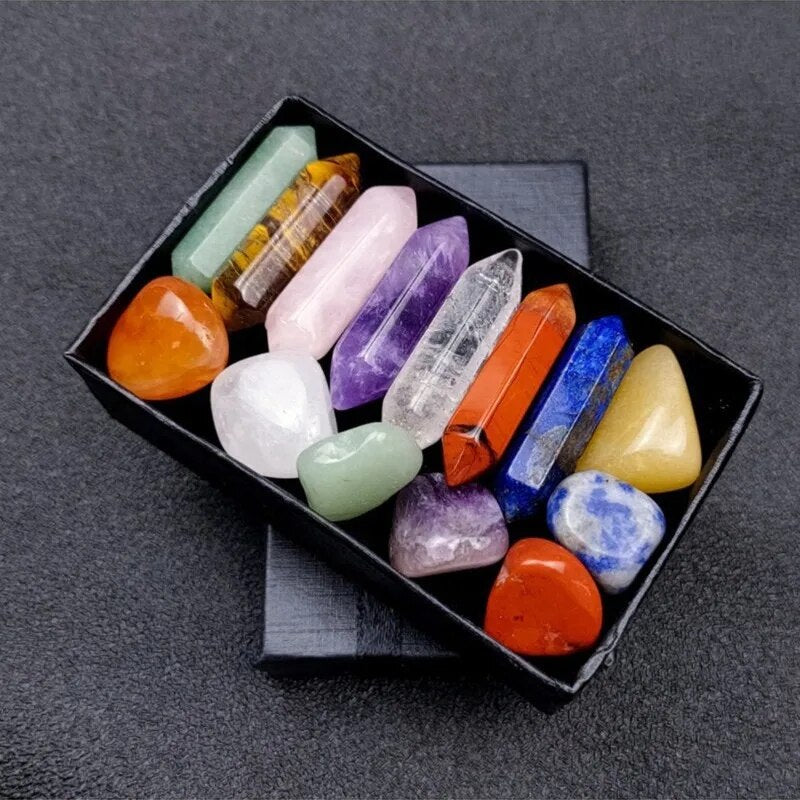 14pcs Pointed Quartz Crystal Chakra Healing Stones And Crystals Set Hexagon Rose Quartz Gems For Meditation Bedroom Decor