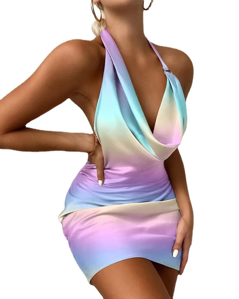 Summer Rainbow Backless Mini Party Dress Sexy Halter Pleated Night Club Dress for Women Stain Sleeveless Bodycon Short Dresses