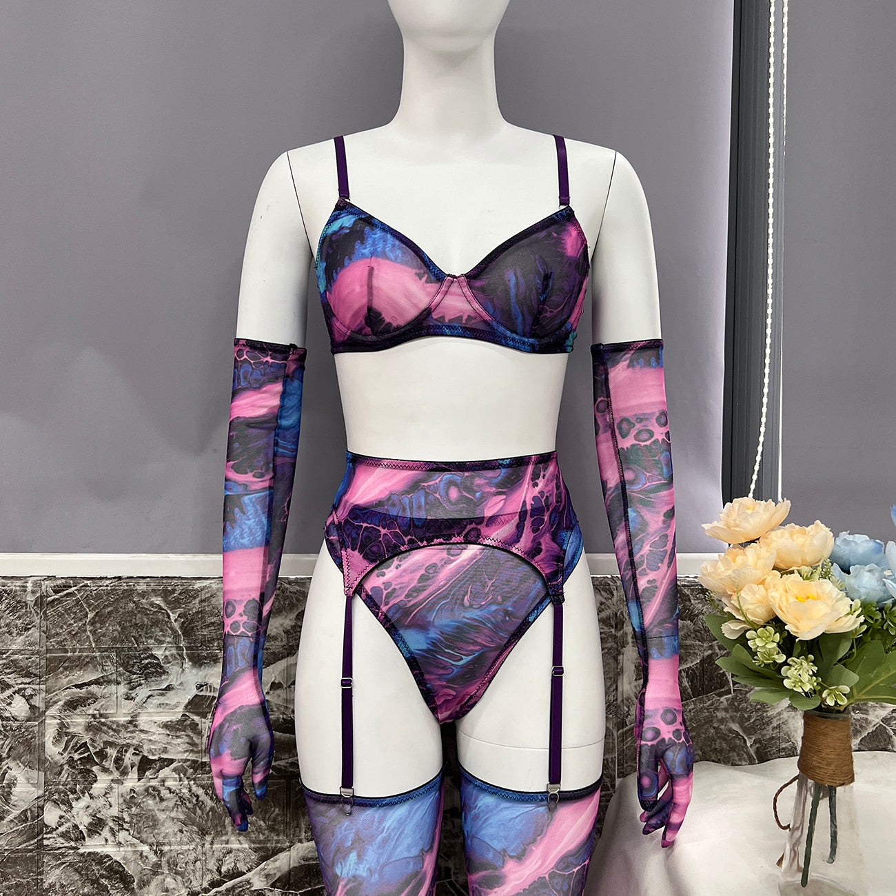 Lingerie teinture par nouage avec manches de bas, sous-vêtements fantaisie Sexy, 5 pièces, non censurée, intime, transparente, en maille, tenues sensuelles