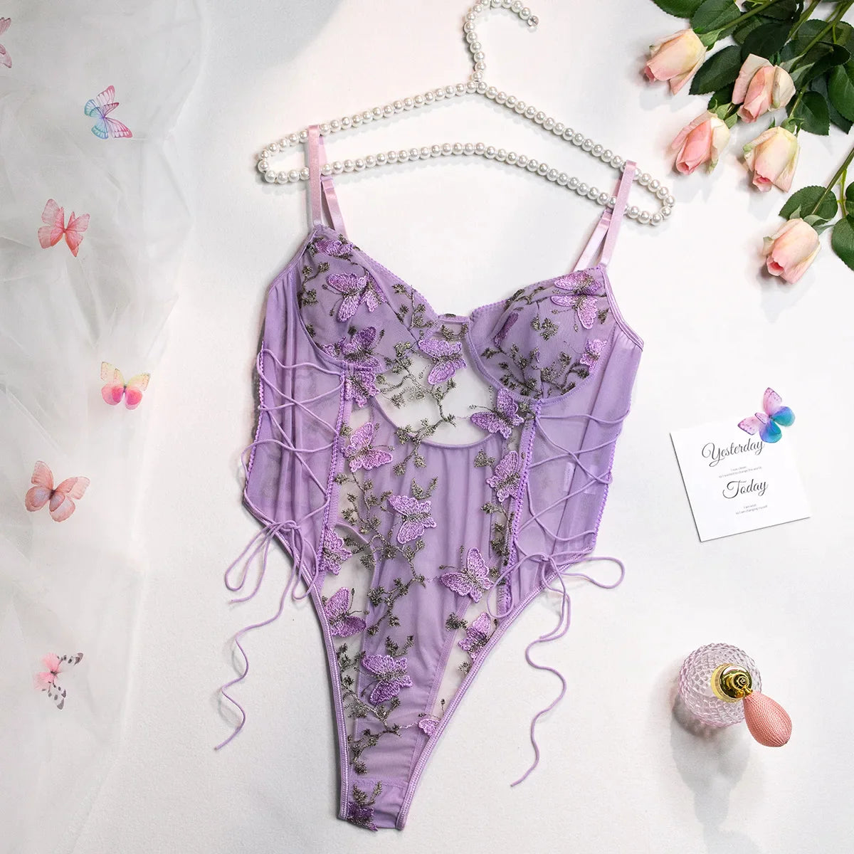 Wanita-monos transparentes con bordado Floral para mujer, ropa de dormir con tirantes de mariposa, monos sexys de malla ajustada con cordones y espalda descubierta