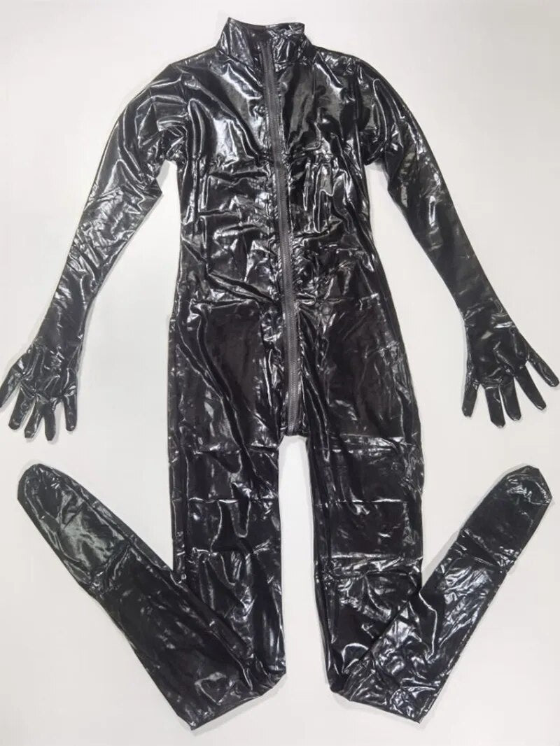 Combinaison Zentai chat Sexy pour femmes, robe fantaisie, noir brillant, look mouillé, en cuir, Costumes d'halloween pour femmes