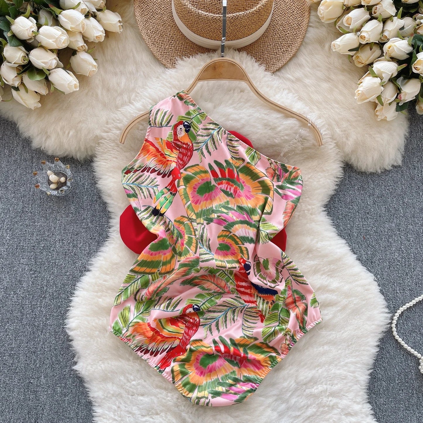 Monos con estampado Floral 3D, trajes de baño elásticos ajustados con espalda descubierta a la moda de un hombro, monos sexis bohemios de playa 2023 Ins Wanita