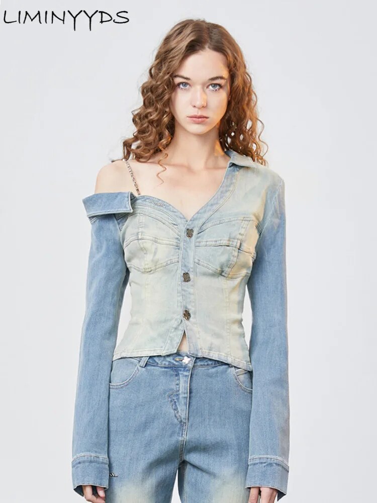 Denim Shirt Jacket Design Sense Of Minority Shirt With Off Shoulder Shirt Early Spring Women's Blouse