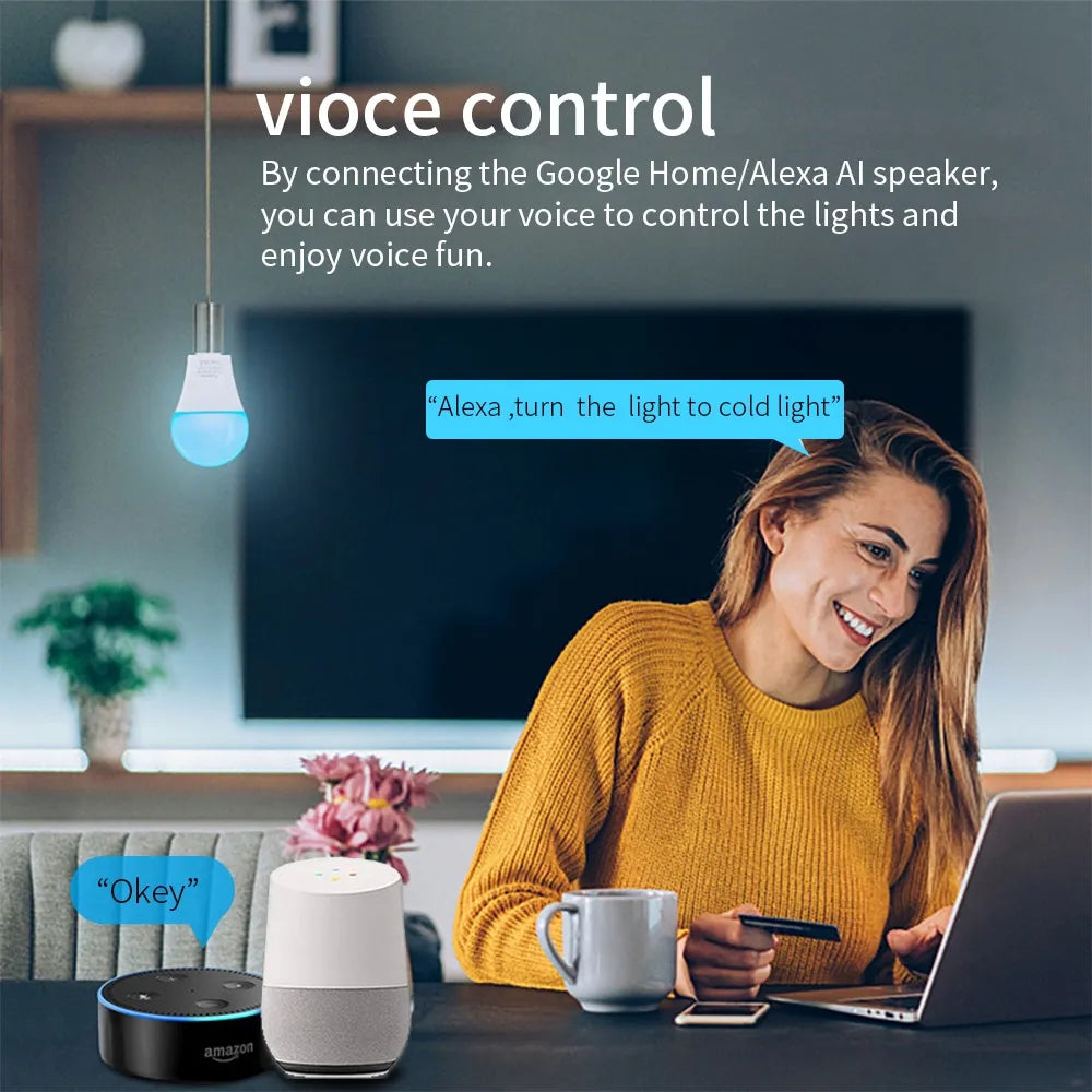 SIXWGH E27 bombilla WiFi 9W lámpara RGB inteligente función de temporizador regulable para el hogar aplicación Cozylife Cotrol compatible con Google Home Alexa