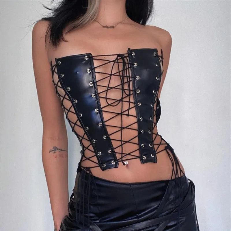 Haut tubulaire Y2k pour femmes, vêtements Diesel, haut Sexy, Corset ajouré, vêtements Gyaru, tenue de boîte de nuit, Streetwear en cuir des années 90