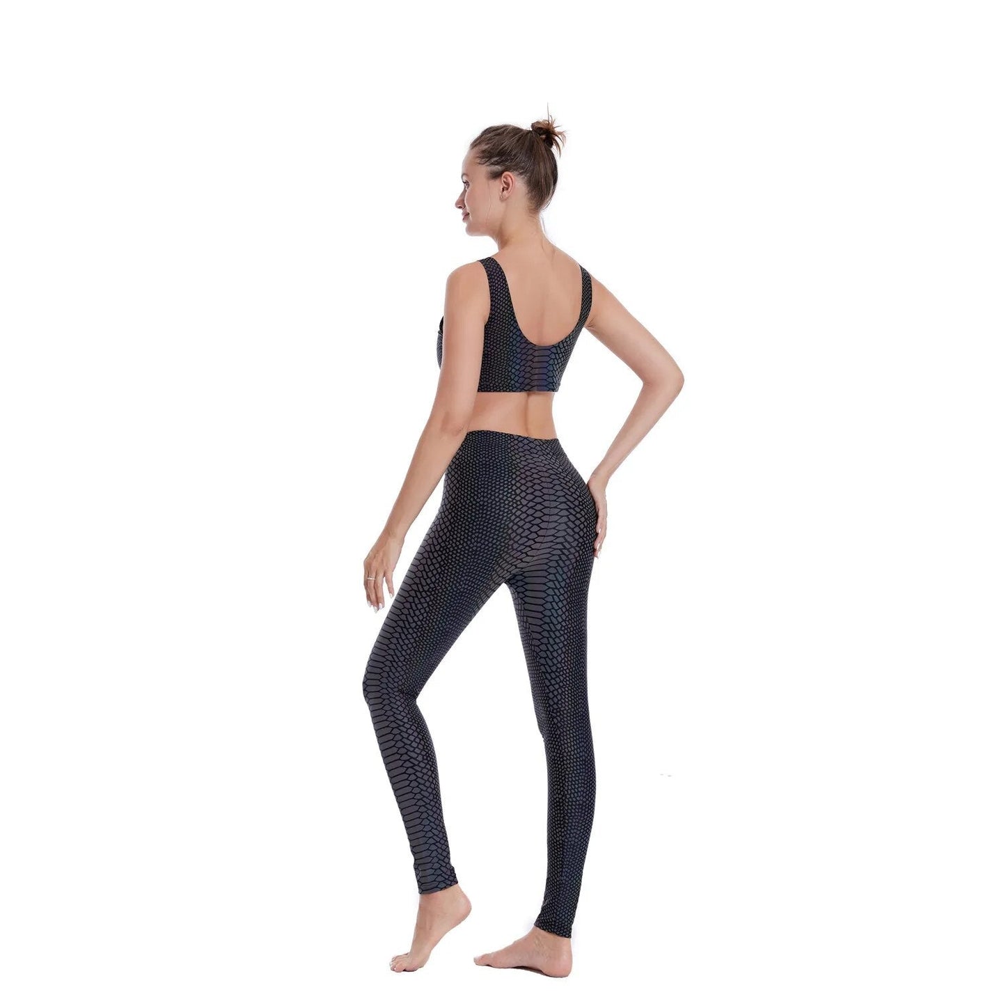 Nuevas mallas reflectantes coloridas hasta el tobillo de piel de serpiente con cintura media para mujer, pantalones elásticos deportivos para Fitness con realce de cadera, ropa para Club nocturno