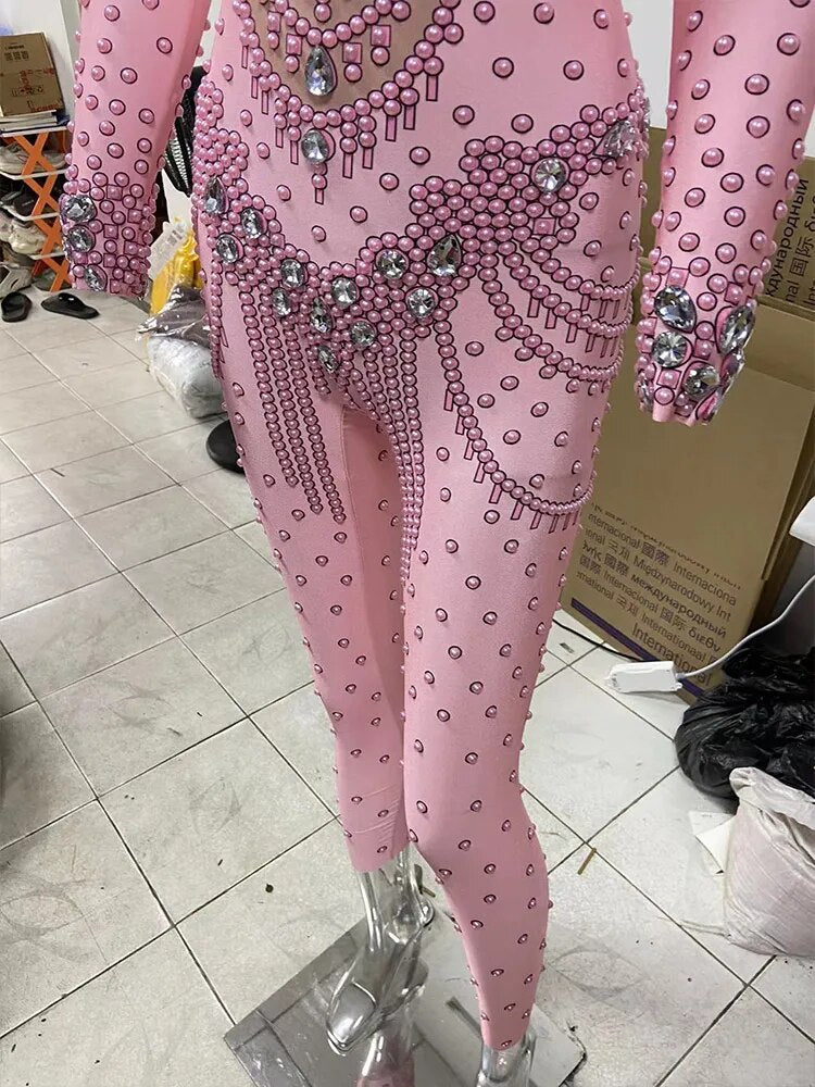 2023 Pink Crystals Jumpsuit Bling Glass Diamond Skinny Elastic Bodysuit Bar Female Singer Stage Costume Birthday Party Wear