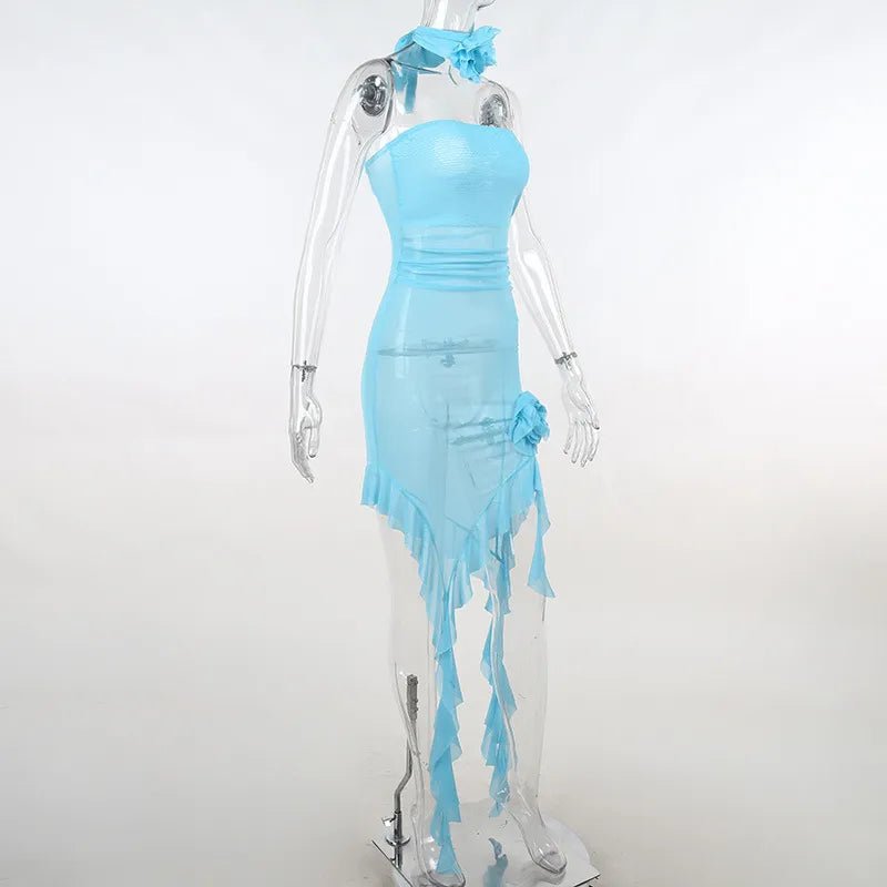 Vestido Sexy Y2K con volantes de Hada en 3D y flores para mujer, Mini vestido ceñido transparente de malla, trajes de fiesta de playa para chicas de especias irregulares 2023