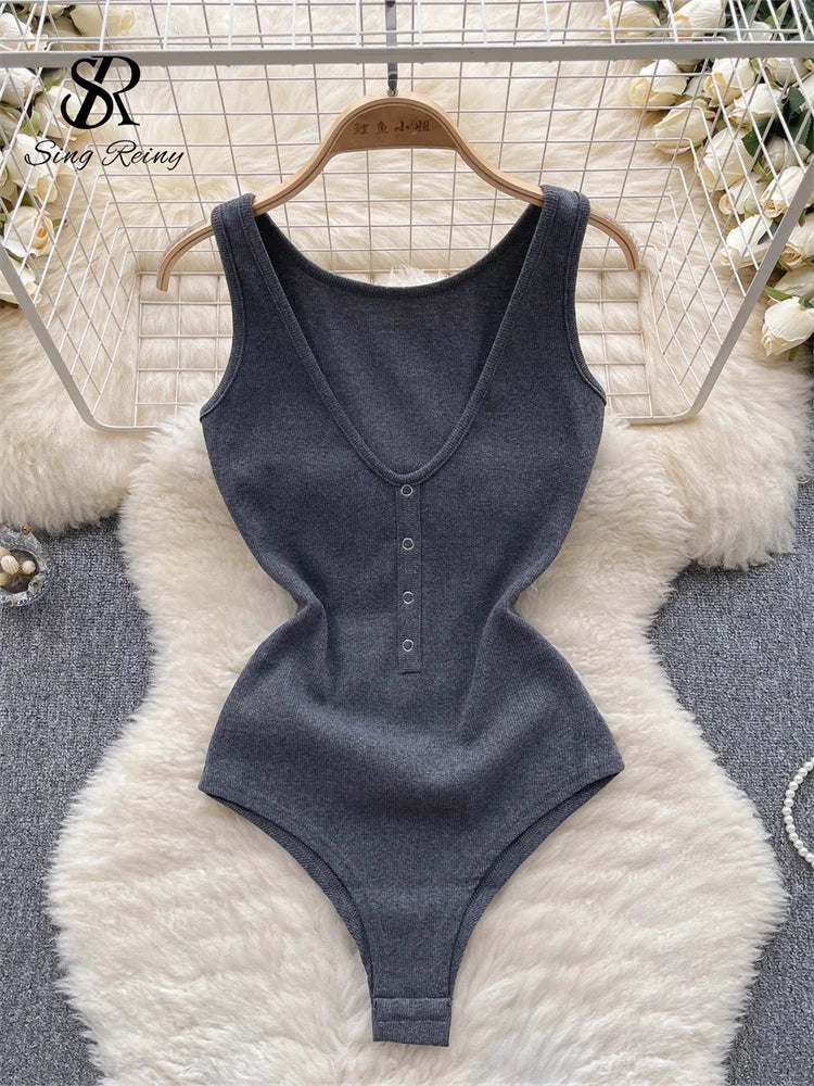 Solid Button Slim Bodysuits 2023 V Neck Sleeveless Open Crotch Sensual Top Ladies Fashion Bodycon Sexy Bodysuits Wanita