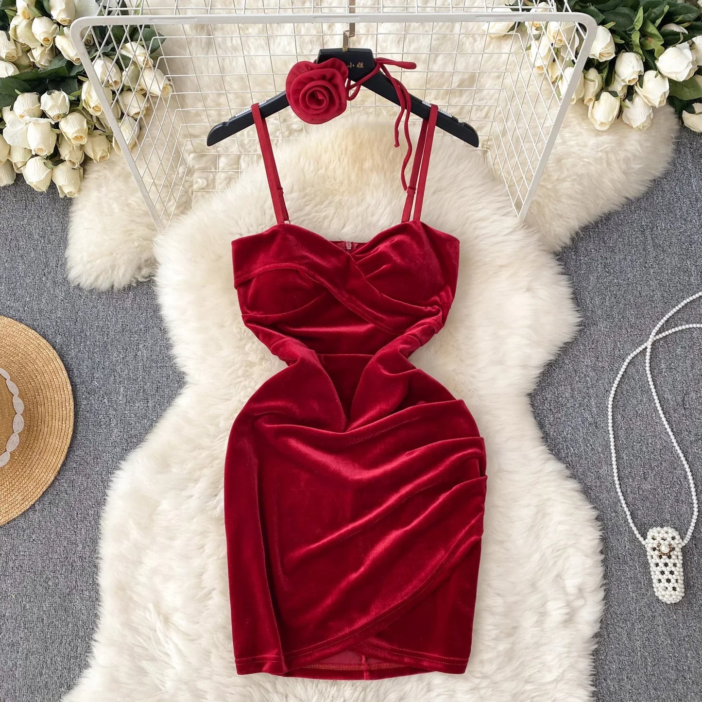 Christmas Velvet Sexy Evening Dress Rose Halter Strap Zipper Sheath 2023 Fashion Senior Sensual Night Club Outfit Wanita