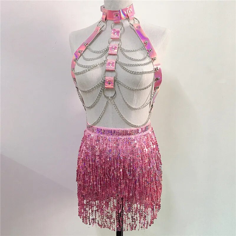 Ensemble 2 pièces harnais en cuir PU pour femmes, chaîne de poitrine en métal ajouré Sexy avec pompon à paillettes, Mini jupe gothique, tenues de Club de fête