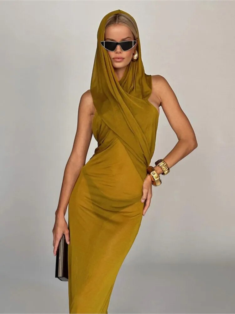 Robe longue à capuche croisée pour femmes, sans manches, dos nu, slim, élégante, soirée, Club, couleur unie, moulante, été, 2023