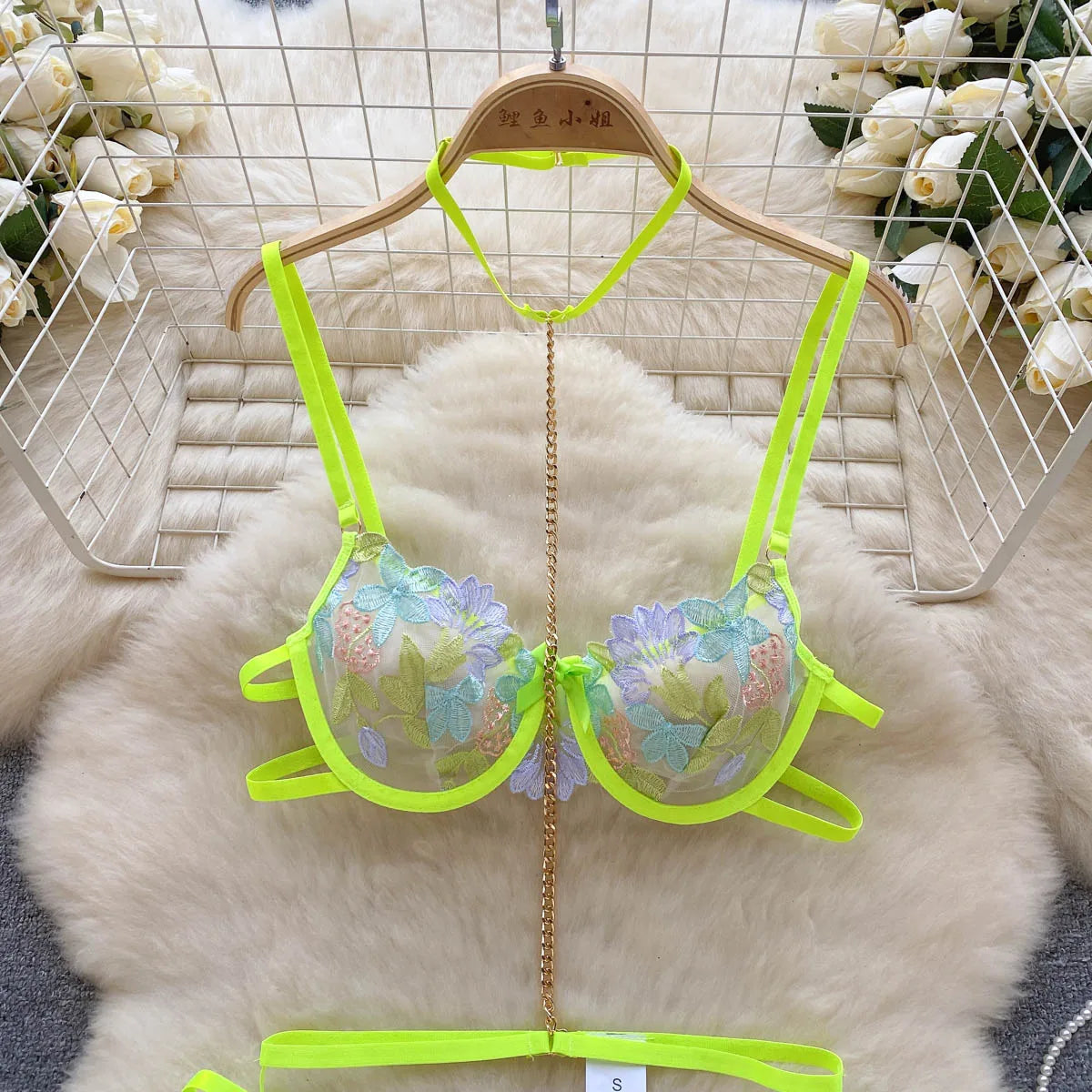 Wanita Fashion Hollow Out  Sleepwear Mesh Lace two Pieces Sets Strap Mini Bra+Thongs Sexy Embroidery Underwear Suits