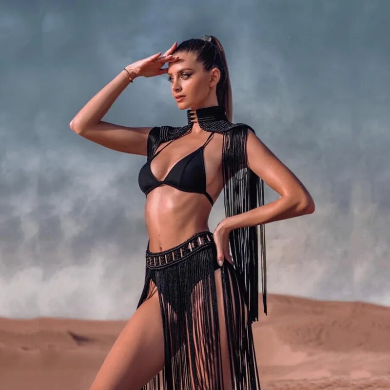 Diseño Sexy trajes con borlas hecho a mano diosa griega vestido de señora romana Bohemia vocación fiesta en la playa mujeres conjunto de dos piezas