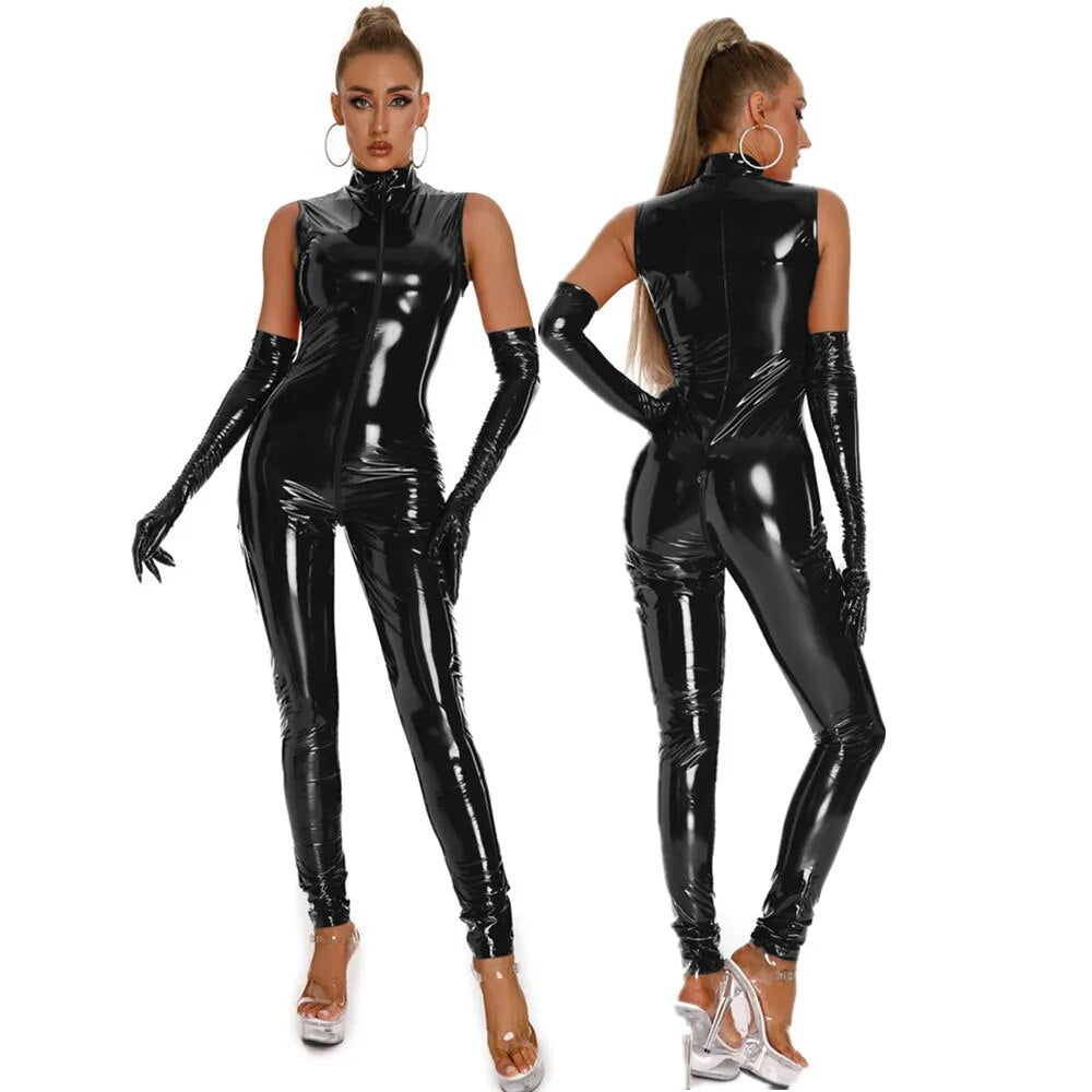 Monos sexys de piel sintética para mujer, traje elástico de látex de PVC con cremallera frontal, Catsuit con entrepierna abierta, disfraces de media