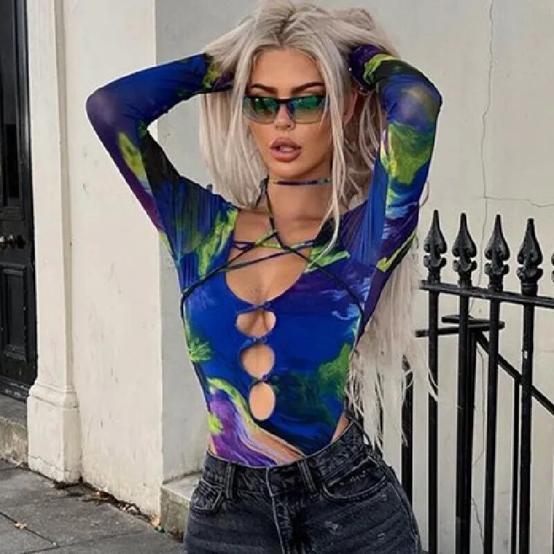 Xeemilo Aesthetic Tie-dye Hollowed Bodysuit Sexy Deep V-neck  Bodycon Bodice 2023 Autumn Party Club Long Sleeve Bodysuits