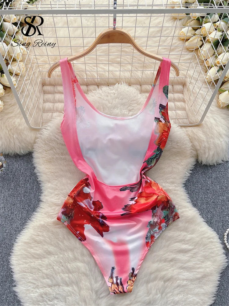 Body Sexy con estampado sin espalda para mujer, Bikini Sensual floral elástico sin mangas con tirantes, monos ajustados con entrepierna abierta Wanita